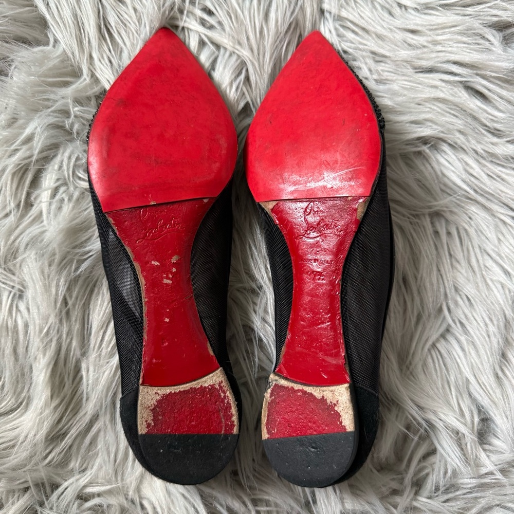 CHRISTIAN LOUBOUTIN Black Mesh Suede Galativi Strass Crystal Pointed-Toe Flats - Picture 8 of 9